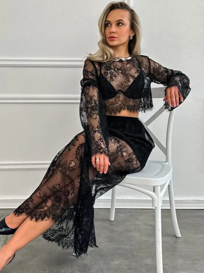 Fashion Casual O-neck Long Sleeve Cropped T-shirt Tops+Long Skirts 2 Pieces Set Women's See-through Solid Black Lace Dress Suit
Fashion Casual O-neck Long Sleeve Cropped T-shirt Tops+Long Skirts 2 Pieces Set Women's See-through Solid Black Lace Dress Suit