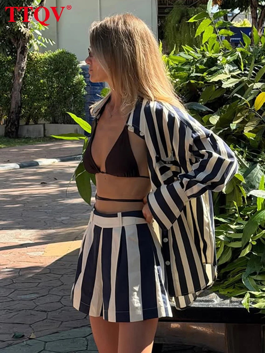 TTQV Fashion Loose Stripe 2 Pieces Set Women Elegant Long Sleeve Blouse With High Waist Shorts Set Female Clothing Streetwear
TTQV Fashion Loose Stripe 2 Pieces Set Women Elegant Long Sleeve Blouse With High Waist Shorts Set Female Clothing Streetwear