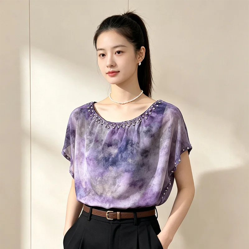 Summer Women's Loose Fit Tie Dye Chiffon Top Heavy Embellished Slimming Versatile Fashionable Small Shirt Original Design
Summer Women's Loose Fit Tie Dye Chiffon Top Heavy Embellished Slimming Versatile Fashionable Small Shirt Original Design