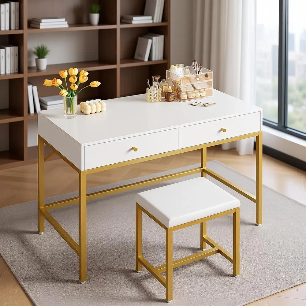White and Gold Desk with 2 Drawers, Makeup Vanity with Padded Stool, Suitable for Home Office, Study, or Bedroom
White and Gold Desk with 2 Drawers, Makeup Vanity with Padded Stool, Suitable for Home Office, Study, or Bedroom
