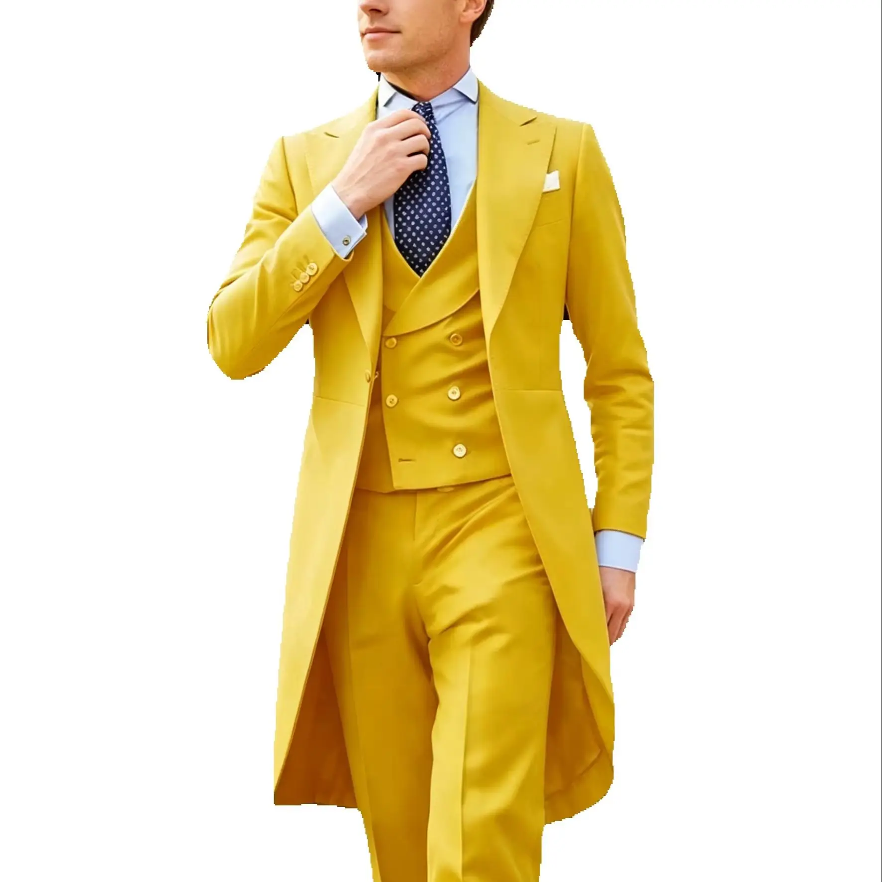 Latest Yellow Tailcoat Wedding Men Suits Long Blazer 3 Piece Groom Tuxedo Prom Party Male Suit Set Jacket with Pants Vest
Latest Yellow Tailcoat Wedding Men Suits Long Blazer 3 Piece Groom Tuxedo Prom Party Male Suit Set Jacket with Pants Vest