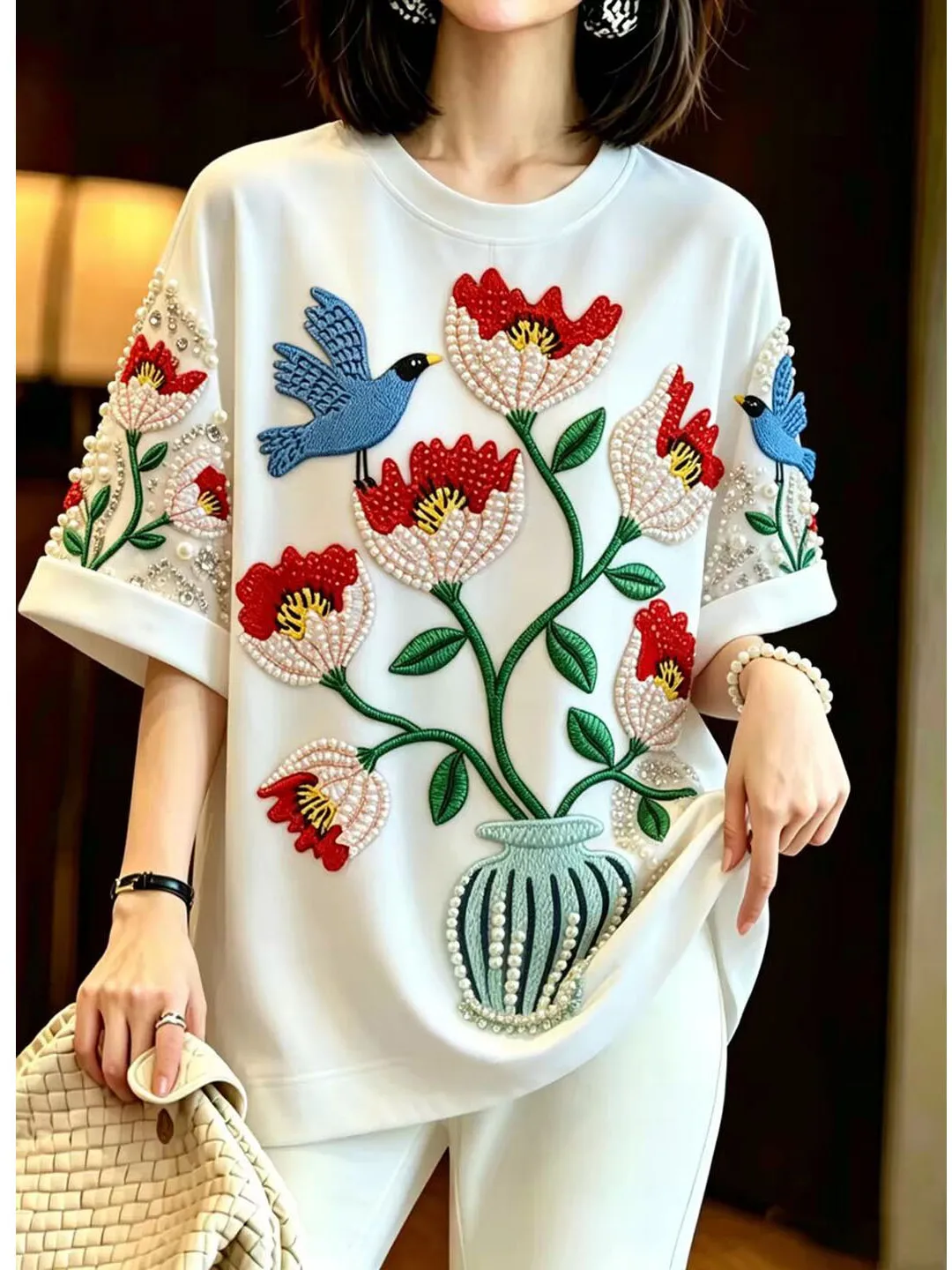 Fashionable High-End Beaded Print T-Shirt Women's Loose Fit Summer New Arrival Korean Style Commute Casual round Neck Top
Fashionable High-End Beaded Print T-Shirt Women's Loose Fit Summer New Arrival Korean Style Commute Casual round Neck Top