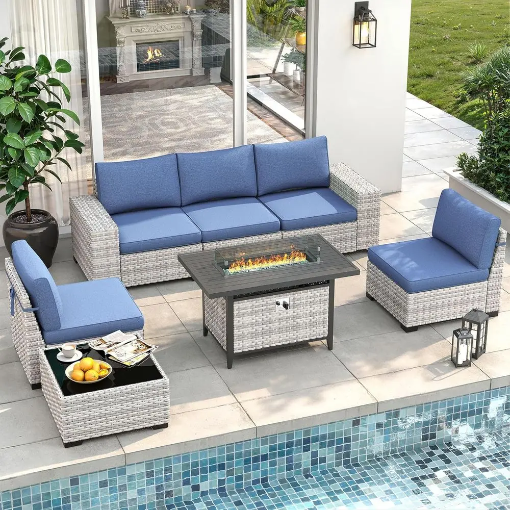 7-Piece Outdoor Wicker Sectional Sofa Set with Fire Pit Table, 5-Seat Configuration, Thick Cushions & Coffee Table, Suitable for
7-Piece Outdoor Wicker Sectional Sofa Set with Fire Pit Table, 5-Seat Configuration, Thick Cushions & Coffee Table, Suitable for