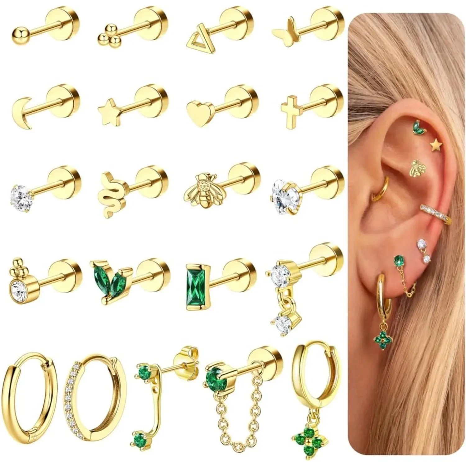 Bobisty 21PCS Flat Back Earrings for Women Surgical Steel Earrings 14K Gold Plated Stud Hoop Stack Cartilage Helix Piercing St
Bobisty 21PCS Flat Back Earrings for Women Surgical Steel Earrings 14K Gold Plated Stud Hoop Stack Cartilage Helix Piercing St