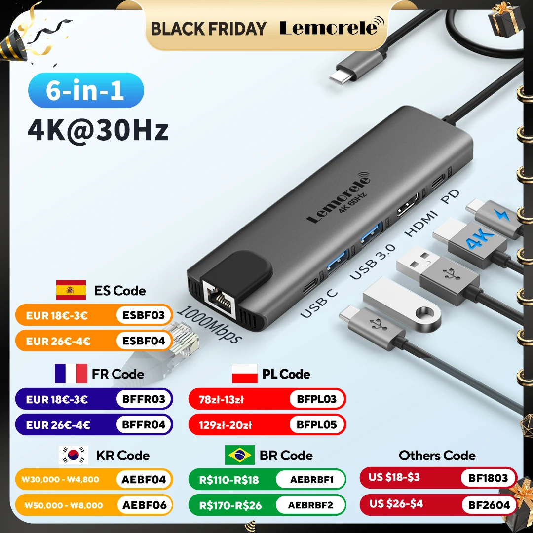 Lemorele TC44 USB C Hub 3.0 Port 6-IN-1 Docking station HDMI 4k@60HZ Display Type C adapter RJ45 100W for windows MacOs laptop
Lemorele TC44 USB C Hub 3.0 Port 6-IN-1 Docking station HDMI 4k@60HZ Display Type C adapter RJ45 100W for windows MacOs laptop