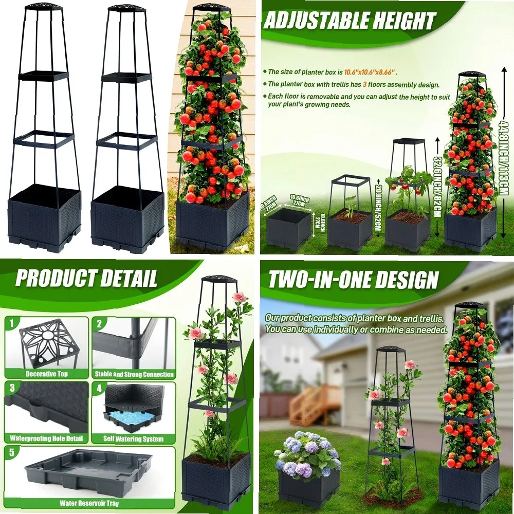 2pcs 44.8Inch Self-Watering Tomato Planter Box With Trellis, Trapezoidal Climbing Cage For Patio Garden Indoor Outdoor
2pcs 44.8Inch Self-Watering Tomato Planter Box With Trellis, Trapezoidal Climbing Cage For Patio Garden Indoor Outdoor