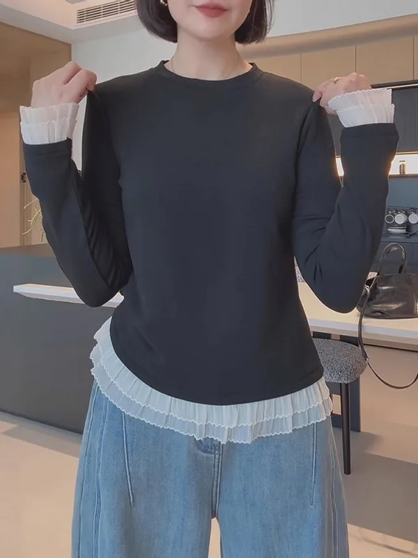 Lace Trim Splice Long Sve T-irt Women's plus Size Faion Design Slimming Base irt Trendy Korean Sle Commute Wind
Lace Trim Splice Long Sve T-irt Women's plus Size Faion Design Slimming Base irt Trendy Korean Sle Commute Wind