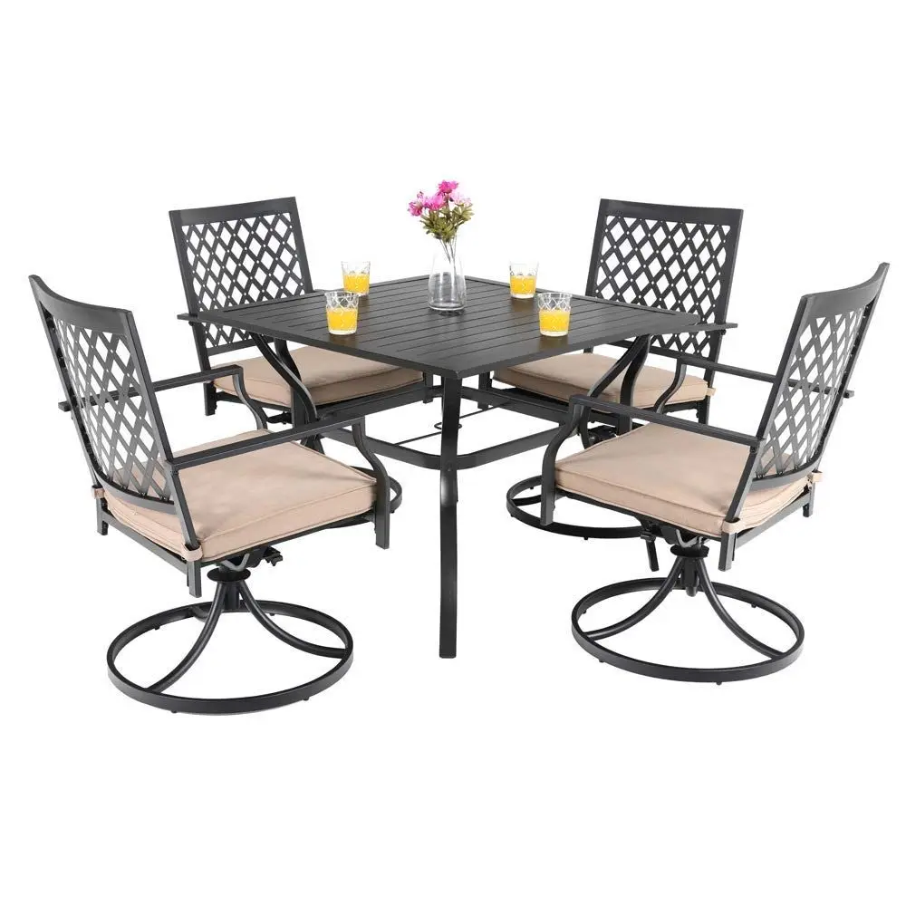 5 Pieces Outdoor Dining Set for 4, 37 Black Metal Table with Umbrella Hole amp Swivel Wrought Iron Chairs with Cushions, Outsid
5 Pieces Outdoor Dining Set for 4, 37 Black Metal Table with Umbrella Hole amp Swivel Wrought Iron Chairs with Cushions, Outsid