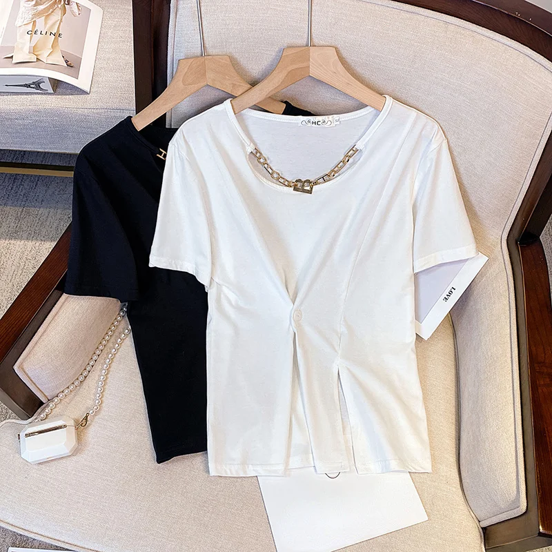 XL-4XL Large Size Cotton Split Chic T-shirt Female Summer Fashion Loose Oversize Tops Short Sleeve Necklace Waist Banding Tshirt
XL-4XL Large Size Cotton Split Chic T-shirt Female Summer Fashion Loose Oversize Tops Short Sleeve Necklace Waist Banding Tshirt