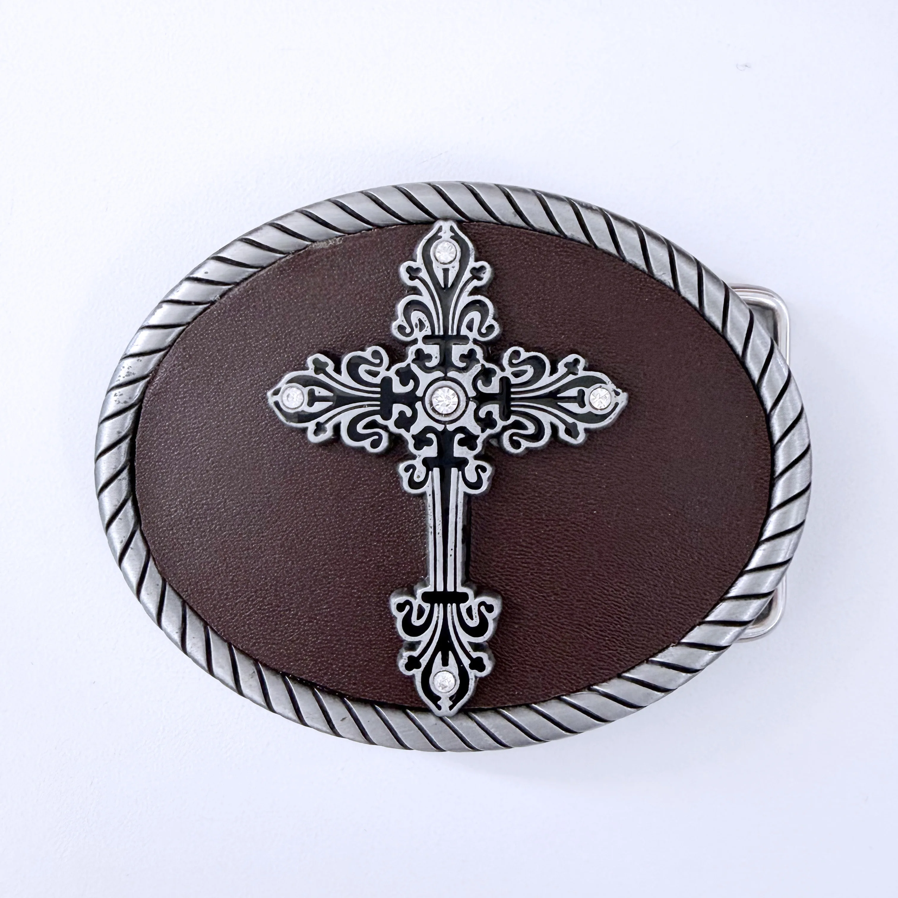 Vintage Leather Cover Rhinestones Cross Oval Belt Buckle BUCKLE-OC020
Vintage Leather Cover Rhinestones Cross Oval Belt Buckle BUCKLE-OC020