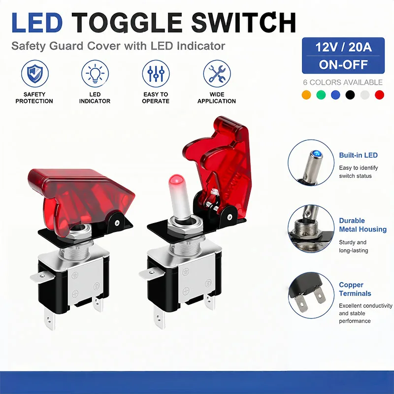 Multi-Color LED Toggle Switch 20A 12V SPST,with Protective Flip Dustproof Cover,ON/OFF Switch for Automotive Truck Marine Boat
Multi-Color LED Toggle Switch 20A 12V SPST,with Protective Flip Dustproof Cover,ON/OFF Switch for Automotive Truck Marine Boat
