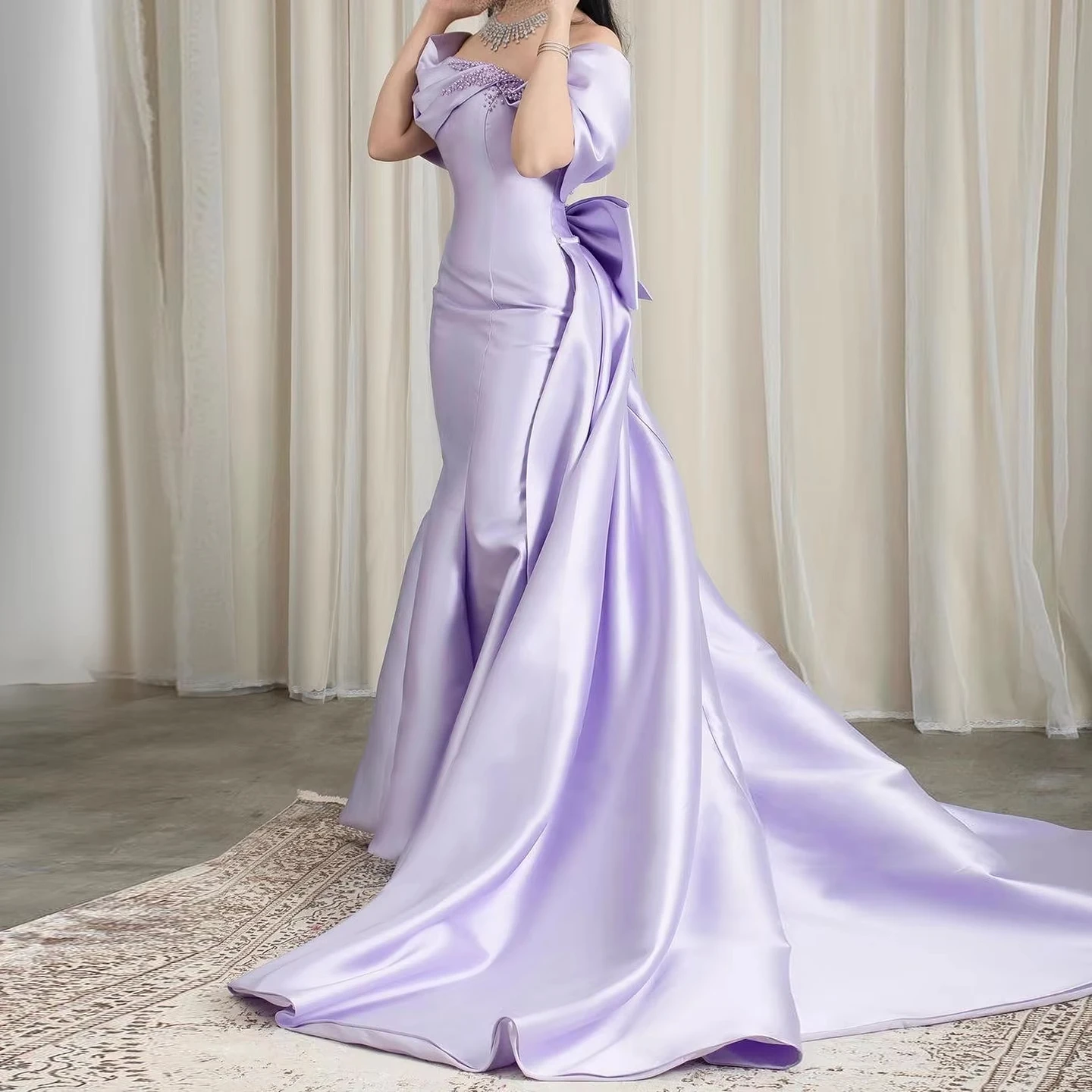 Dubai Elegant Evening Dress With Bow Purple Pearl For Women Wedding Formal Gown Sf084 Customized
Dubai Elegant Evening Dress With Bow Purple Pearl For Women Wedding Formal Gown Sf084 Customized
