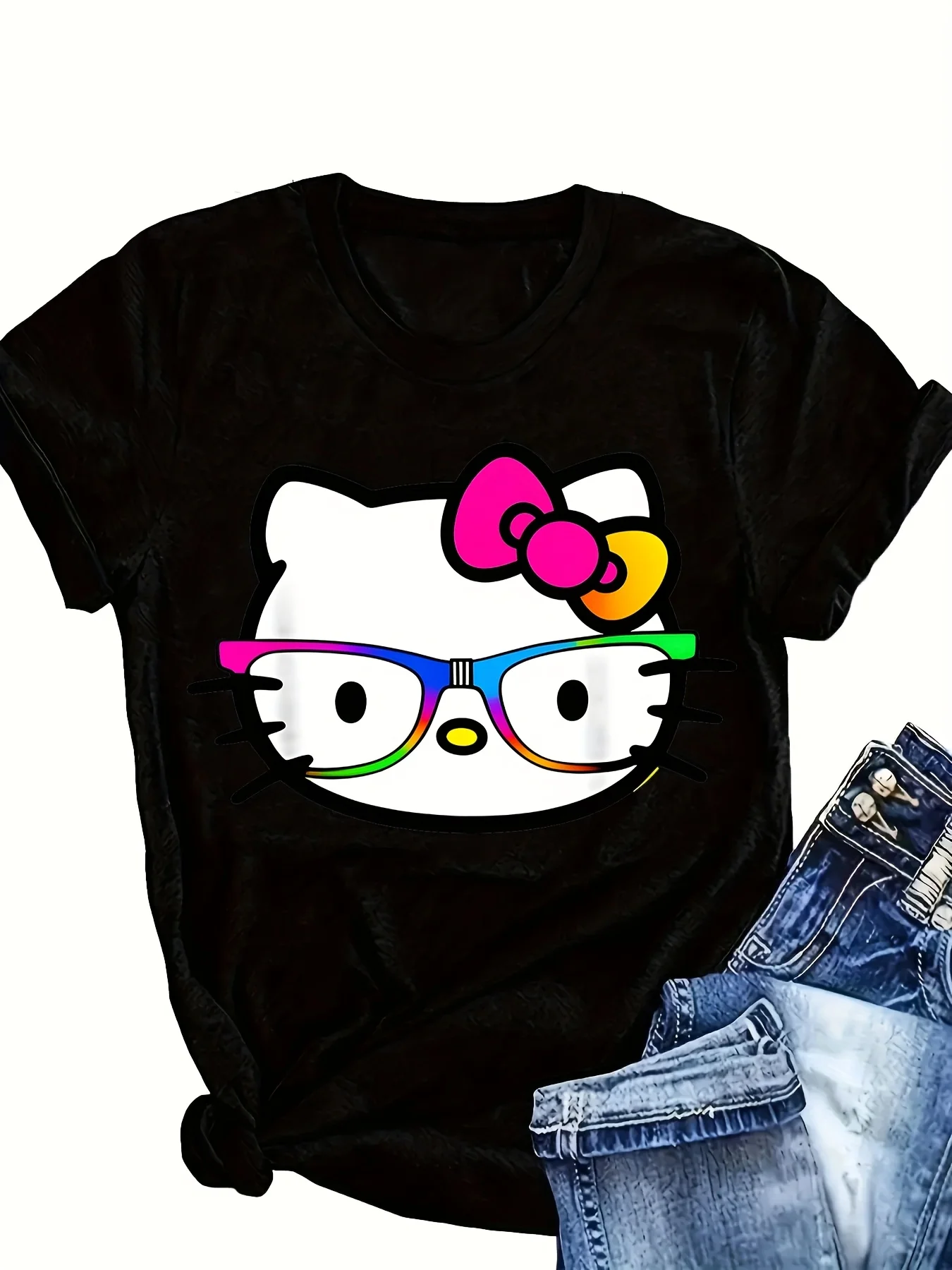 Оригинальный цветной бант Hello Kitty с принтом и короткими рукавами, новая летняя женская футболка больших размеров, модный свободный повседневный универсальный топ
Оригинальный цветной бант Hello Kitty с принтом и короткими рукавами, новая летняя женская футболка больших размеров, модный свободный повседневный универсальный топ