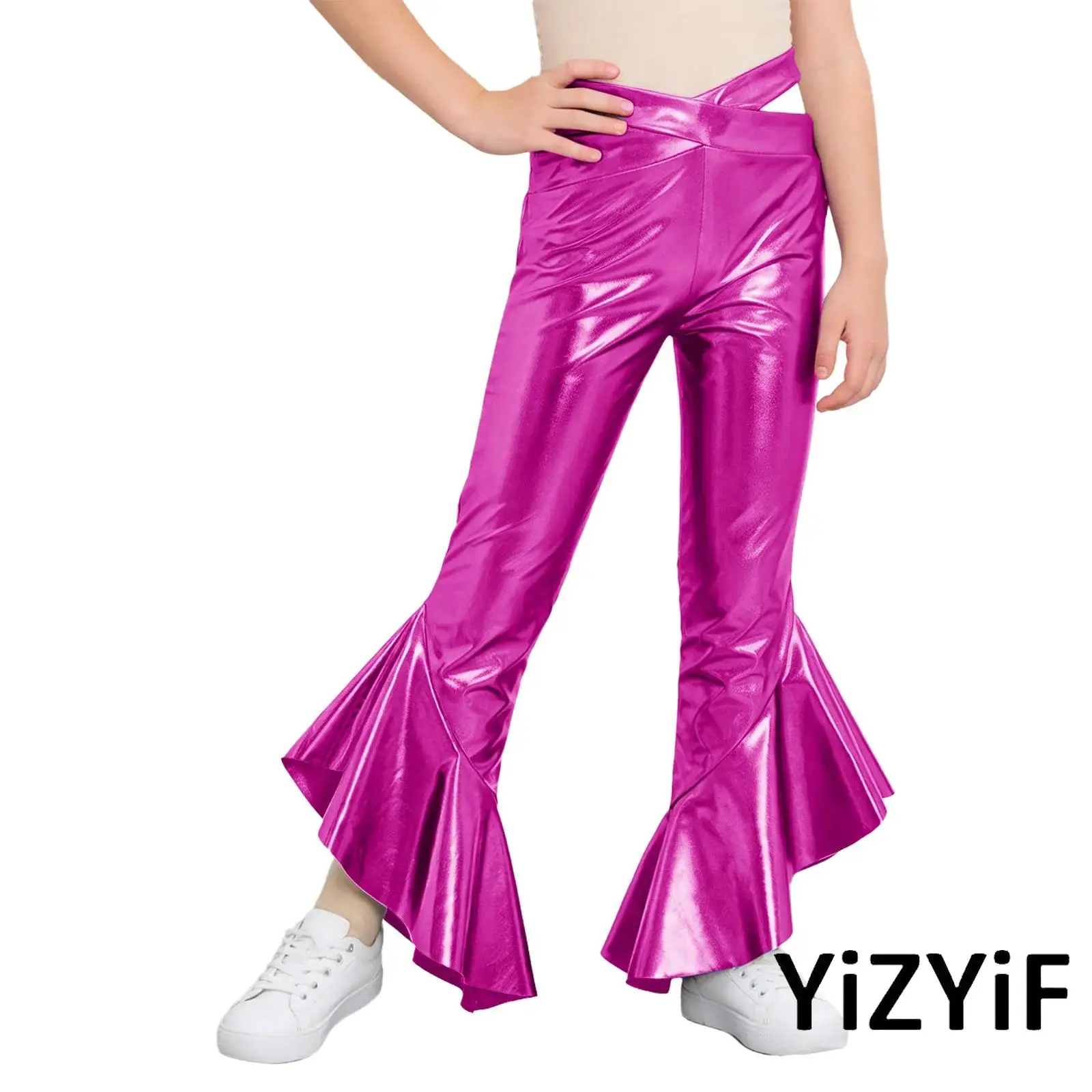 Kids Hip-hop Dance Costume Metallic Flared Pants Cross Waistband Ruffles Bell-Bottom Trousers Girls Jazz Party Pants Clubwear
Kids Hip-hop Dance Costume Metallic Flared Pants Cross Waistband Ruffles Bell-Bottom Trousers Girls Jazz Party Pants Clubwear