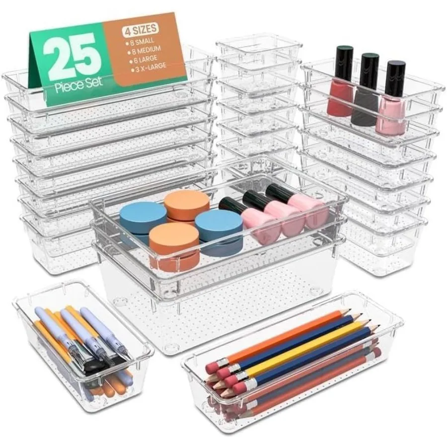 25 Piece Clear Drawer Organizer Set Multi Size Storage Trays for Bathroom, Vanity, Makeup, Kitchen Utensils, Office and Bedroom
25 Piece Clear Drawer Organizer Set Multi Size Storage Trays for Bathroom, Vanity, Makeup, Kitchen Utensils, Office and Bedroom