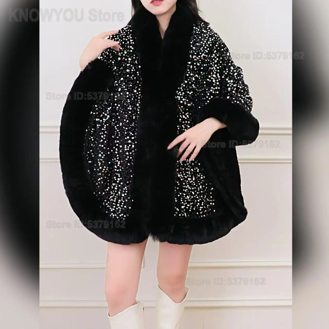 Trendy Euro Street Solid Sequin Fur Collar Shrug Cape, Versatile Warm Knit Shawl Cloak As Autumn Winter Fashion Outerwear
Trendy Euro Street Solid Sequin Fur Collar Shrug Cape, Versatile Warm Knit Shawl Cloak As Autumn Winter Fashion Outerwear