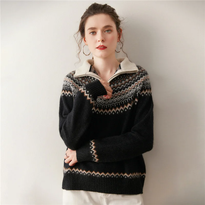 2025 New 100% Goat Cashmere Women Autumn Winter Turn-down Collar Sweater Zipper Pullover Thick Casual Loose Knit Clothing Tops
2025 New 100% Goat Cashmere Women Autumn Winter Turn-down Collar Sweater Zipper Pullover Thick Casual Loose Knit Clothing Tops