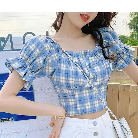 Puff Sleeve Korean Style Off-shoulder Fresh Short Blue Plaid Top Short-sleeved Shirt for Women in Summer
Puff Sleeve Korean Style Off-shoulder Fresh Short Blue Plaid Top Short-sleeved Shirt for Women in Summer