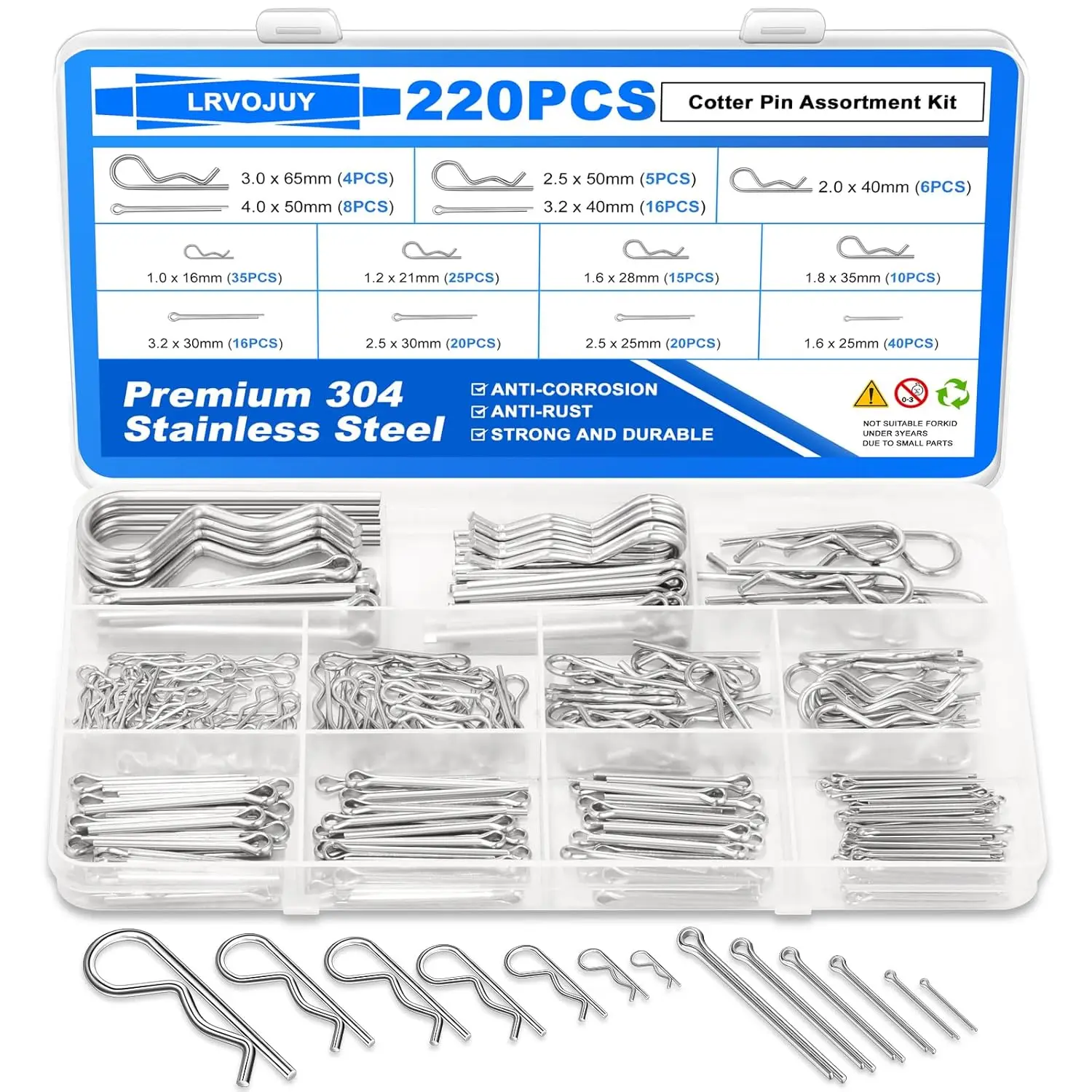 220PCS Cotter Pin Assortment, 13 Sizes 304 Stainless Steel Heavy Duty R Clips & Hairpin Split Pins for Automotive Trailer
220PCS Cotter Pin Assortment, 13 Sizes 304 Stainless Steel Heavy Duty R Clips & Hairpin Split Pins for Automotive Trailer