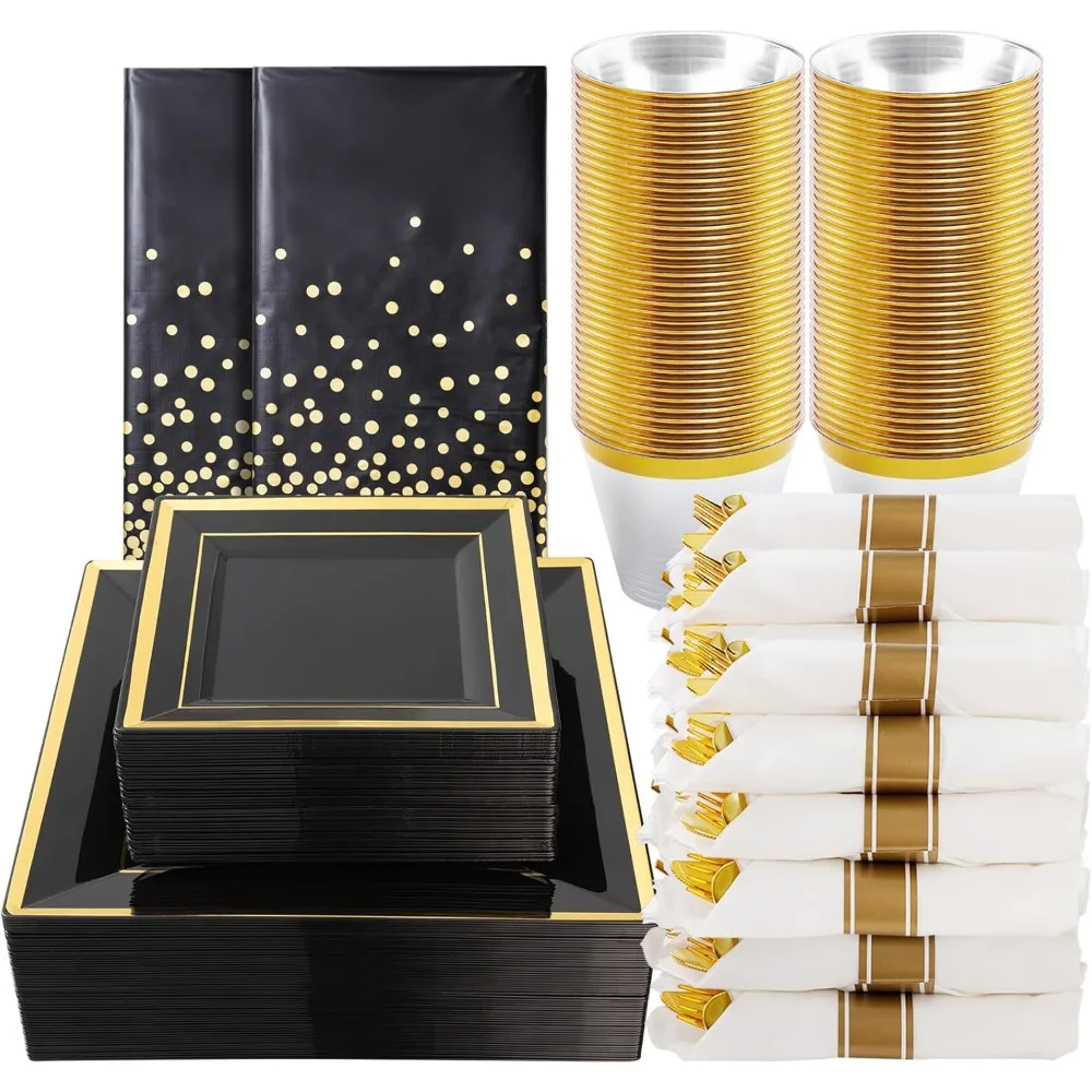 Elegant 352-Piece Black Dinnerware Set for 50, Square Plastic Plates with Gold Accents, Including 100 Plates
Elegant 352-Piece Black Dinnerware Set for 50, Square Plastic Plates with Gold Accents, Including 100 Plates