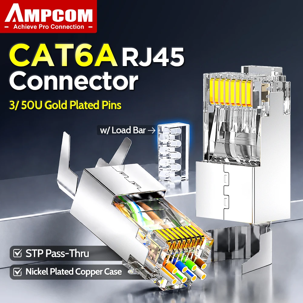 AMPCOM RJ45 Plug CAT6A Pass Through Shielded w/Load Bar Ni-Plated Copper Shell 50/3U Gold Plated OD 1.5mm (22-26AWG), 6-50PCS