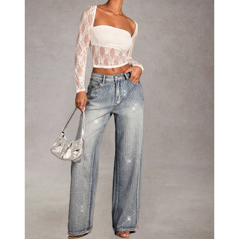 Women Streetwear Rhinestone Decoration Jeans Girls Trendy Straight Leg Denim Pants Female Casual Stretch High Waist Trousers
Women Streetwear Rhinestone Decoration Jeans Girls Trendy Straight Leg Denim Pants Female Casual Stretch High Waist Trousers