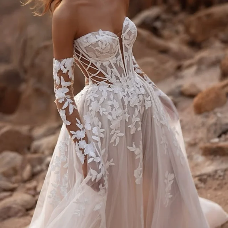 Tull simple ivory white flower Appliques Lace Wedding Dresses of A-line off-shoulder long sleeves Bridal Gowns Made Customized
Tull simple ivory white flower Appliques Lace Wedding Dresses of A-line off-shoulder long sleeves Bridal Gowns Made Customized