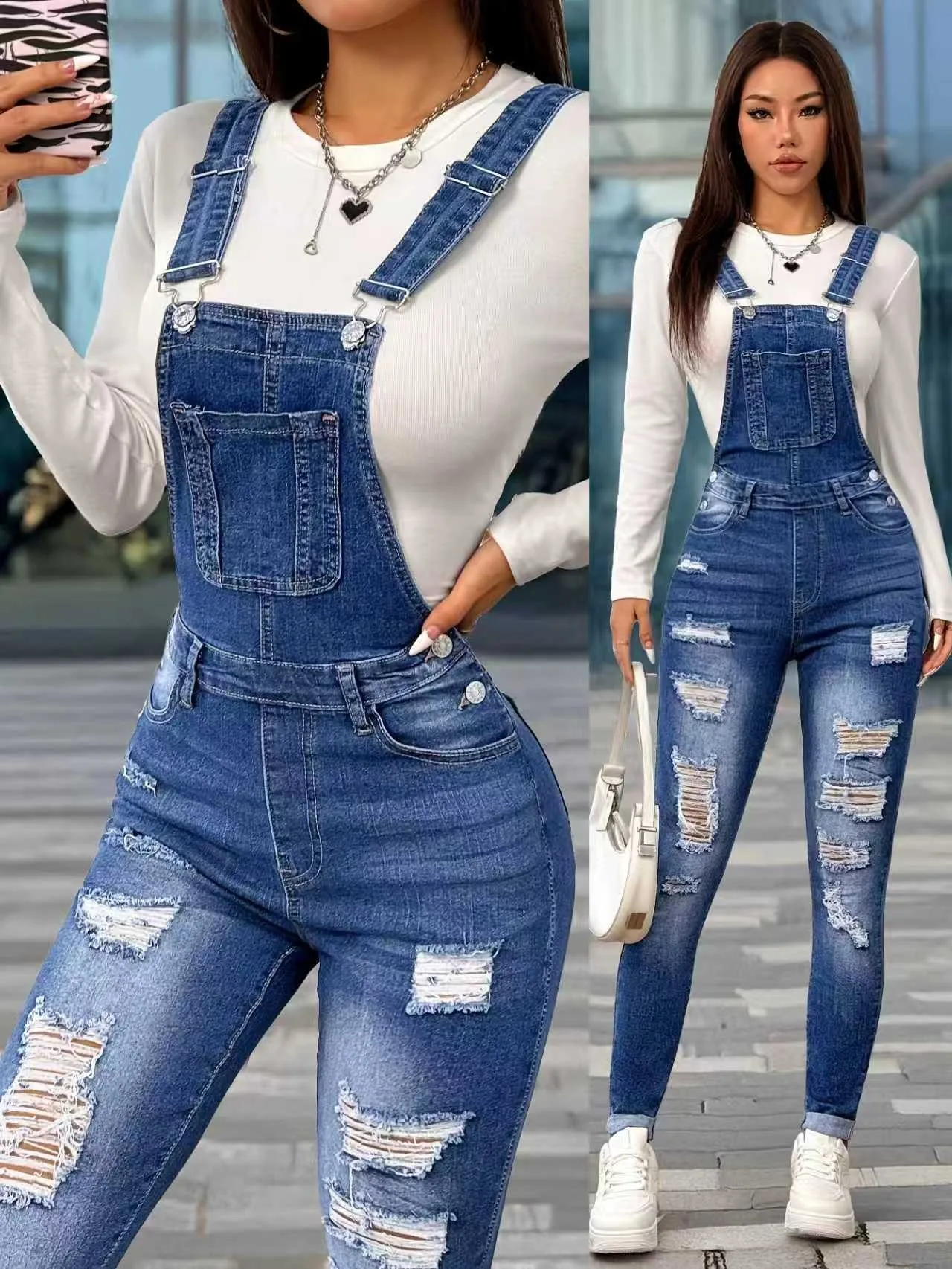 Autumn Women's Clothing Stretch Slim Fit Denim Overalls Ripped Mid Waist Long Pants Cotton Denim Jumpsuit Casual Everyday Wear
Autumn Women's Clothing Stretch Slim Fit Denim Overalls Ripped Mid Waist Long Pants Cotton Denim Jumpsuit Casual Everyday Wear