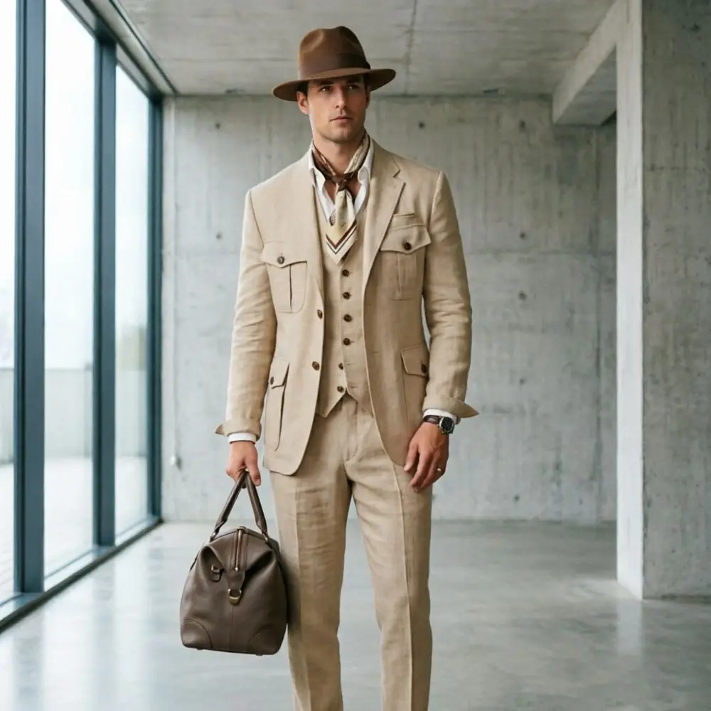Mens Vintage Beige Linen Safari Wedding Suit Slim Fit With Pockets Casual Formal Blazer Pants Groom Outdoor Prom Office Wear
Mens Vintage Beige Linen Safari Wedding Suit Slim Fit With Pockets Casual Formal Blazer Pants Groom Outdoor Prom Office Wear