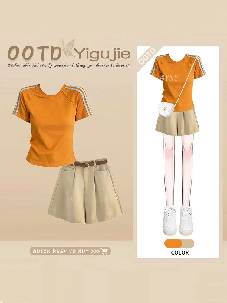 Fashionable Retro Dopaamine Orange Summer Striped Short Sleeve T-Shirt Wide Leg Shorts Set Women's round Neck Two-Piece Suit
Fashionable Retro Dopaamine Orange Summer Striped Short Sleeve T-Shirt Wide Leg Shorts Set Women's round Neck Two-Piece Suit