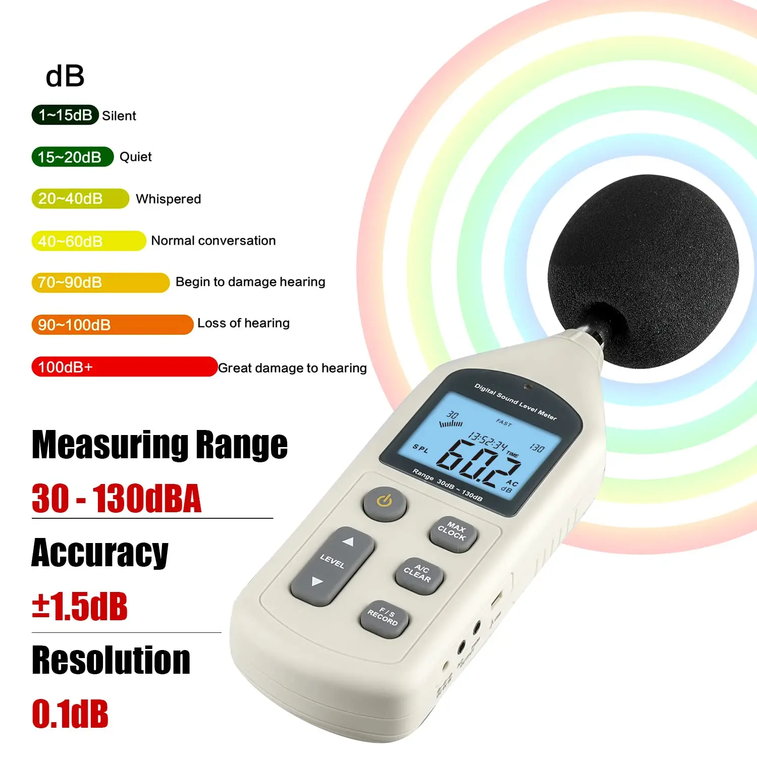 Sound Level Meter 30 130dB Digital Decibel Noise Tester with A C Weighting FAST SLOW Data Logger USB for Factory Office Home
Sound Level Meter 30 130dB Digital Decibel Noise Tester with A C Weighting FAST SLOW Data Logger USB for Factory Office Home