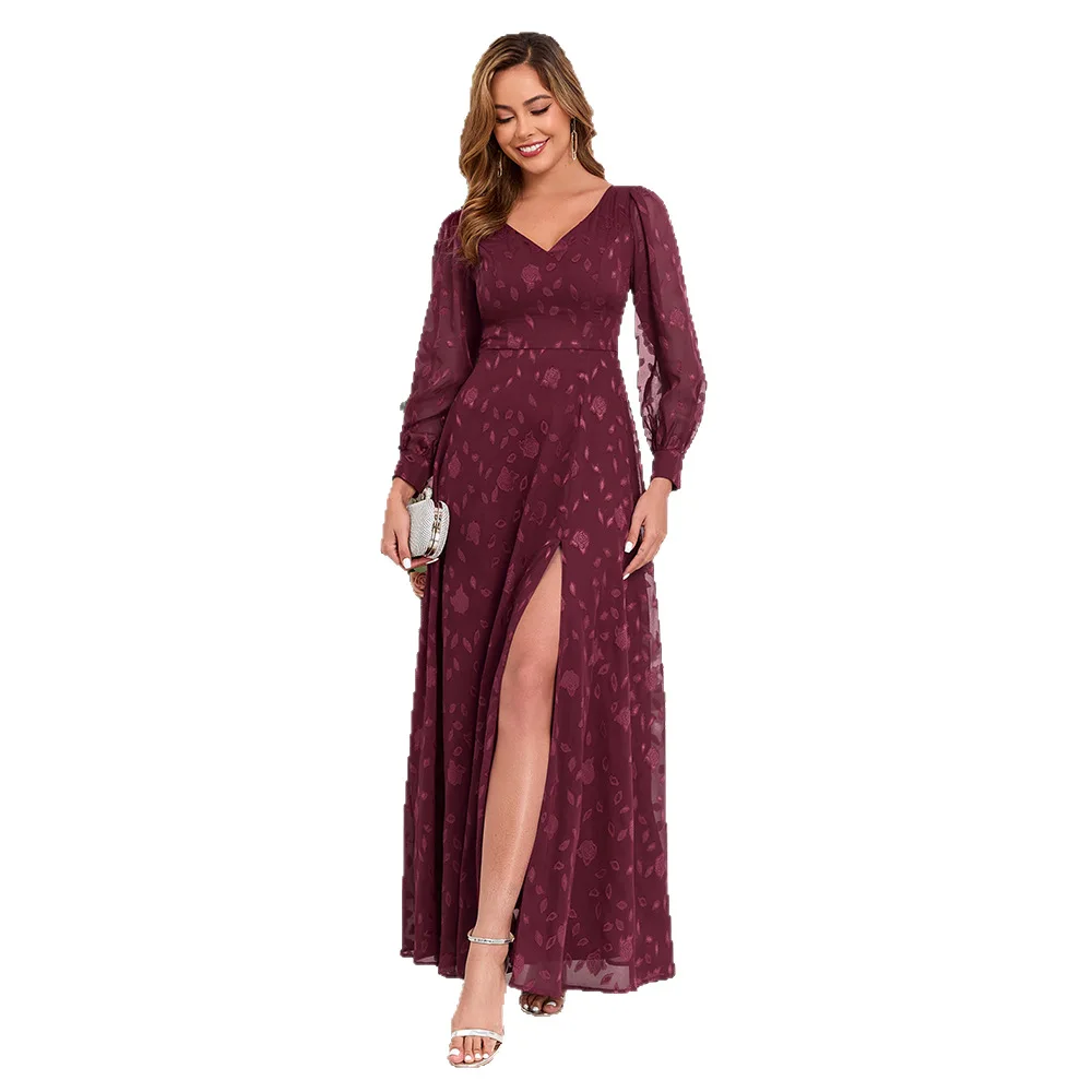 Elegant Long-sleeved Double V-neck High Split Lace Formal Evening Dress Burgundy
Elegant Long-sleeved Double V-neck High Split Lace Formal Evening Dress Burgundy