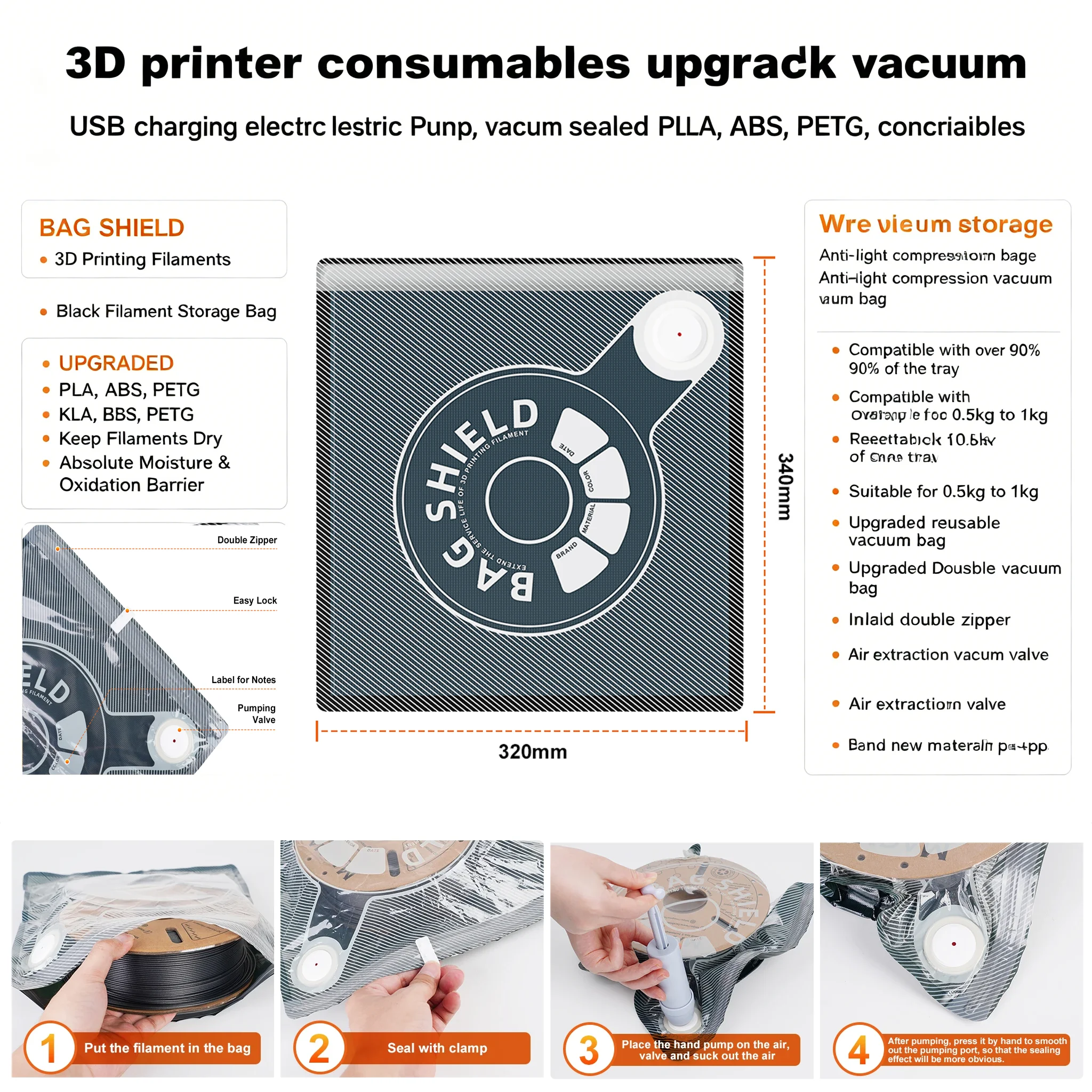 2.03D printer consumables upgrade black vacuum bag with USB charging electric air pump, vacuum sealed PLA, ABS, PETG consumables
2.03D printer consumables upgrade black vacuum bag with USB charging electric air pump, vacuum sealed PLA, ABS, PETG consumables