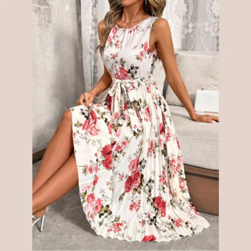Fashion Sleeveless High Waist Printed Long Dress Lace Up Round Neck Elegant Fold Edge Robe 2025 Summer Beach Outwear Clothing
Fashion Sleeveless High Waist Printed Long Dress Lace Up Round Neck Elegant Fold Edge Robe 2025 Summer Beach Outwear Clothing