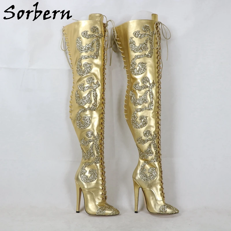 Sorbern Gold Genuine Leather Boots Mid Thigh High Women Stilettos High Heel Glitter Flowers Ladies Heeled Custom Lace Up Back
Sorbern Gold Genuine Leather Boots Mid Thigh High Women Stilettos High Heel Glitter Flowers Ladies Heeled Custom Lace Up Back