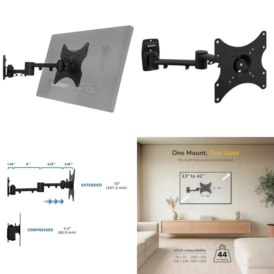 Full Motion TV Wall Mount Bracket for 13-42” Screens – 18" Articulating Arm, Quick Release Plate, Tilt Swivel Rotate, Anti-Theft Lock, Single Stud Install, Supports 44 lbs
Full Motion TV Wall Mount Bracket for 13-42” Screens – 18" Articulating Arm, Quick Release Plate, Tilt Swivel Rotate, Anti-Theft Lock, Single Stud Install, Supports 44 lbs