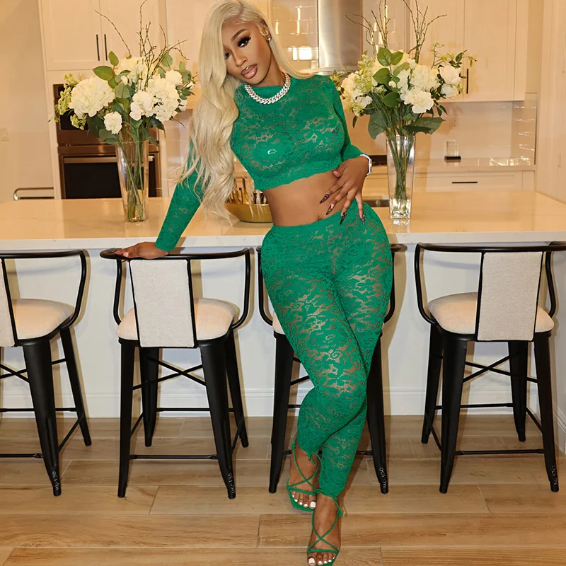 BKLD Women Clothing Sexy See-Through Lace Two Piece Outfits Long Sleeve Round Neck Crop Tops Pant Sets 2025 Spring New Arrivals 
BKLD Women Clothing Sexy See-Through Lace Two Piece Outfits Long Sleeve Round Neck Crop Tops Pant Sets 2025 Spring New Arrivals