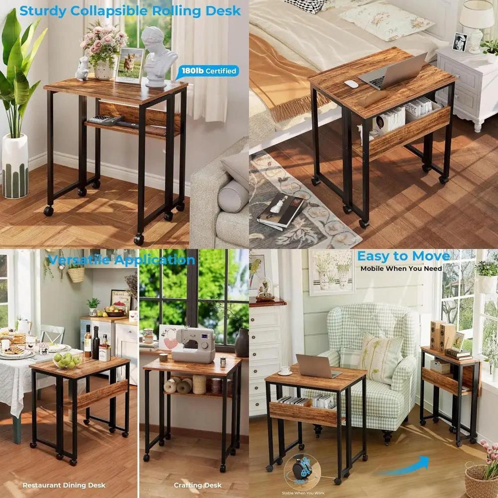 Compact Rolling Desk with Storage Shelf, 24.8 Foldable Computer Desk for Small Spaces, Easy Assembly, Walnut Finish
Compact Rolling Desk with Storage Shelf, 24.8 Foldable Computer Desk for Small Spaces, Easy Assembly, Walnut Finish