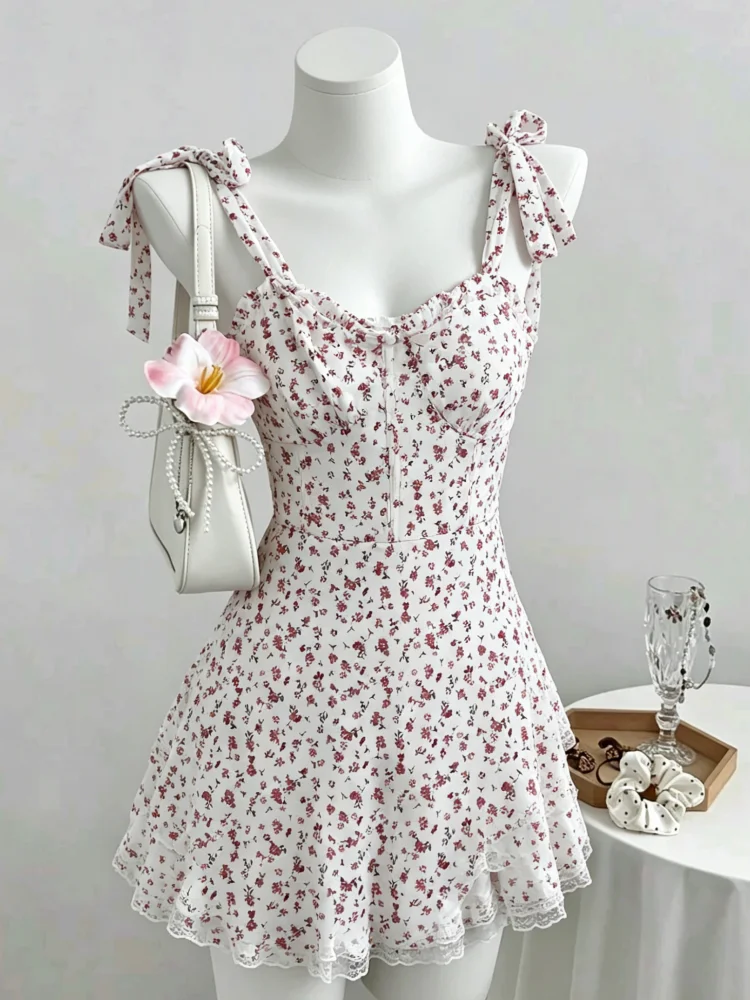 Floral Print Bow Tie Strap Mini Dress Women Sweet And Sexy With Lace Trim
Floral Print Bow Tie Strap Mini Dress Women Sweet And Sexy With Lace Trim