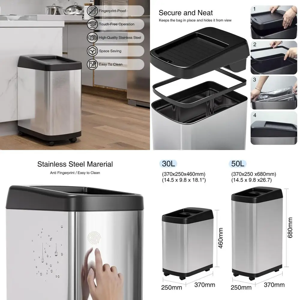 8 Gallon Touchless Motion Sensor Kitchen Trash Bin with Roll-Up Lid and Wheels, Stainless Steel
8 Gallon Touchless Motion Sensor Kitchen Trash Bin with Roll-Up Lid and Wheels, Stainless Steel