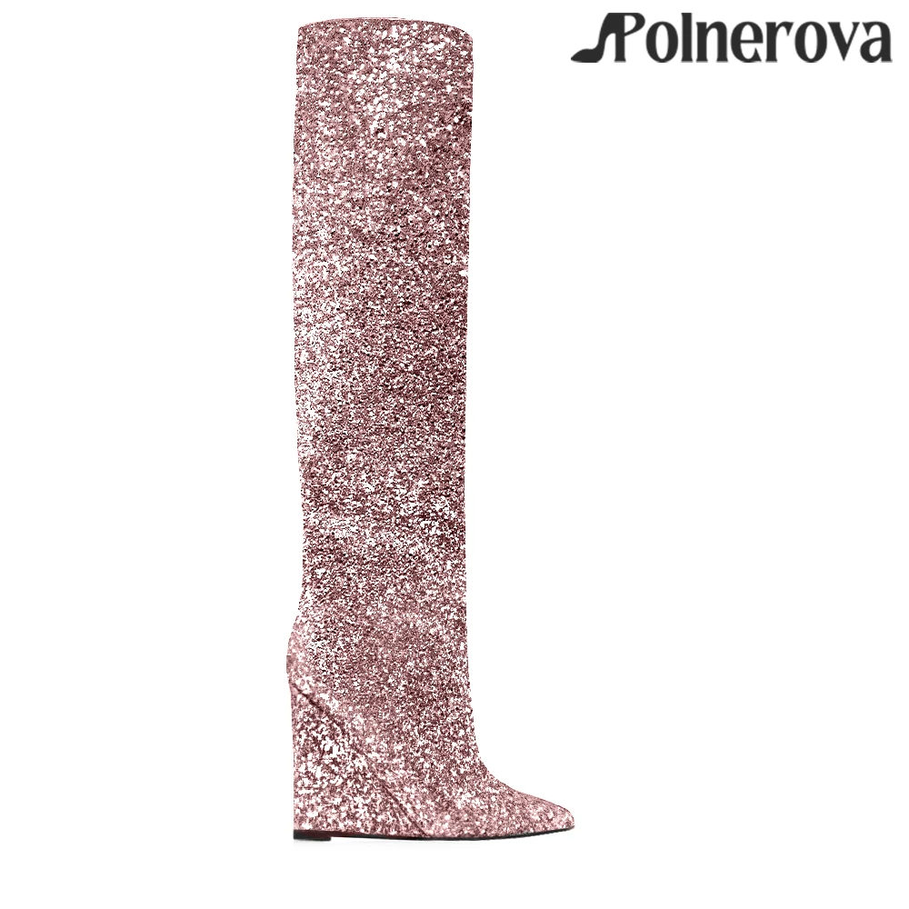 Shiny Glitter Luxury Wedge Knee Boots Pointed-Toe Tubular Boots Women's Designer Style Fashion Handmade Bling Bling Wedge Boots
Shiny Glitter Luxury Wedge Knee Boots Pointed-Toe Tubular Boots Women's Designer Style Fashion Handmade Bling Bling Wedge Boots