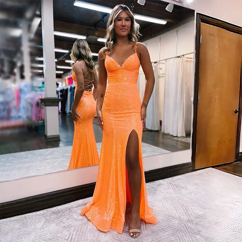 BLUE Prom Dresses Mermaid Simple Sequin Evening Gown Spaghetti Straps Elegant Lace-up Floor-length Vestido De Noche for Women
BLUE Prom Dresses Mermaid Simple Sequin Evening Gown Spaghetti Straps Elegant Lace-up Floor-length Vestido De Noche for Women