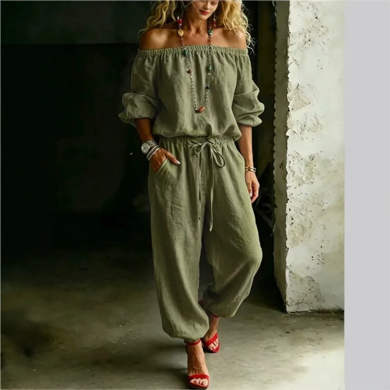 Solid Color Off Shoulder Jumpsuit for Women Casual Long Sleeve Cinched Waist Lace-up Overalls 2026 New Summer Women's Clothing
Solid Color Off Shoulder Jumpsuit for Women Casual Long Sleeve Cinched Waist Lace-up Overalls 2026 New Summer Women's Clothing