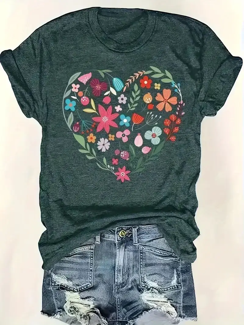 Plus Size Women's T - shirt, Eye - catching Floral Heart Pattern, Daily Wear
Plus Size Women's T - shirt, Eye - catching Floral Heart Pattern, Daily Wear