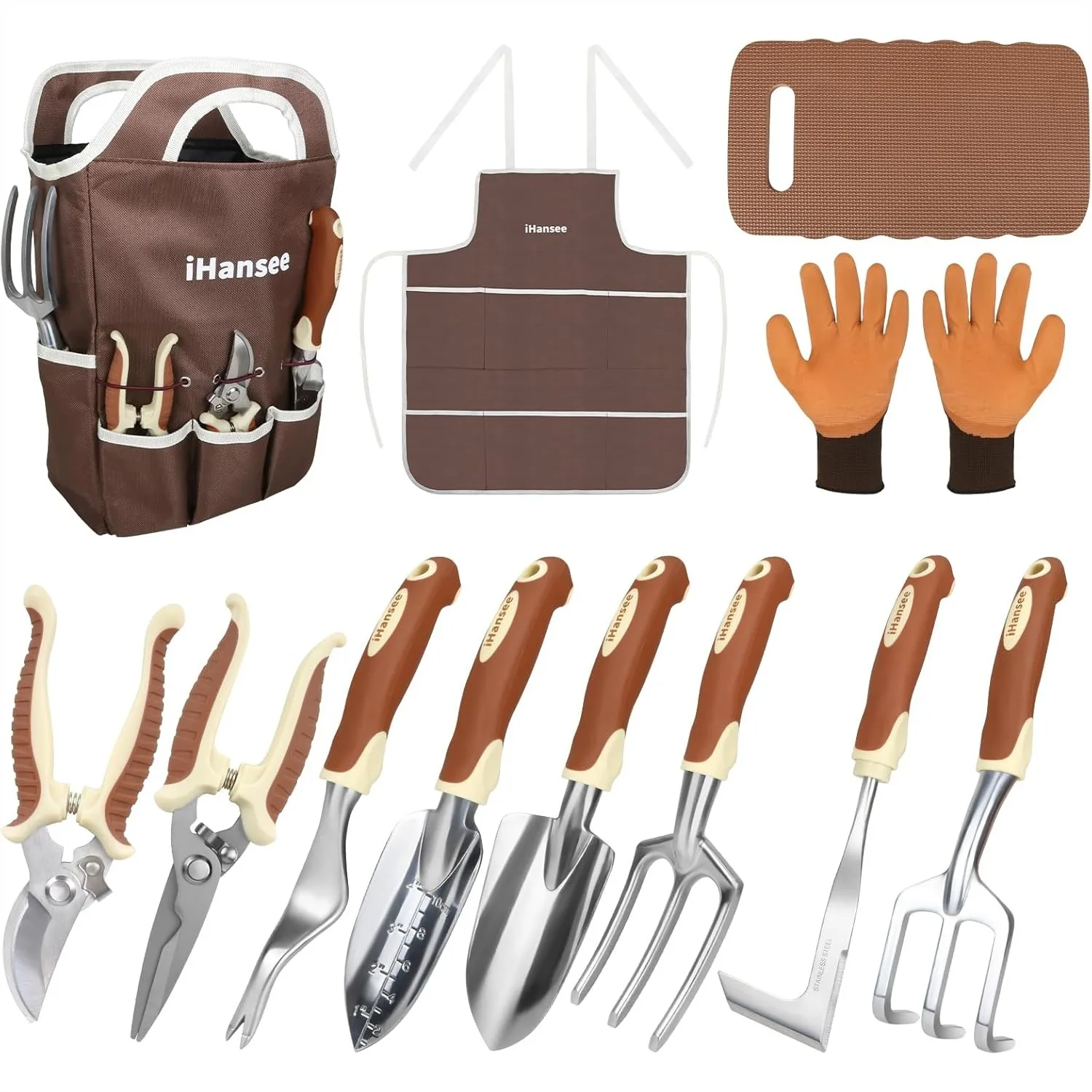 12-Piece Brown Gardening Tools Set with Ergonomic Handles, Storage Tote Bag, Apron, Gloves & Kneeling Pad for Men Women
12-Piece Brown Gardening Tools Set with Ergonomic Handles, Storage Tote Bag, Apron, Gloves & Kneeling Pad for Men Women