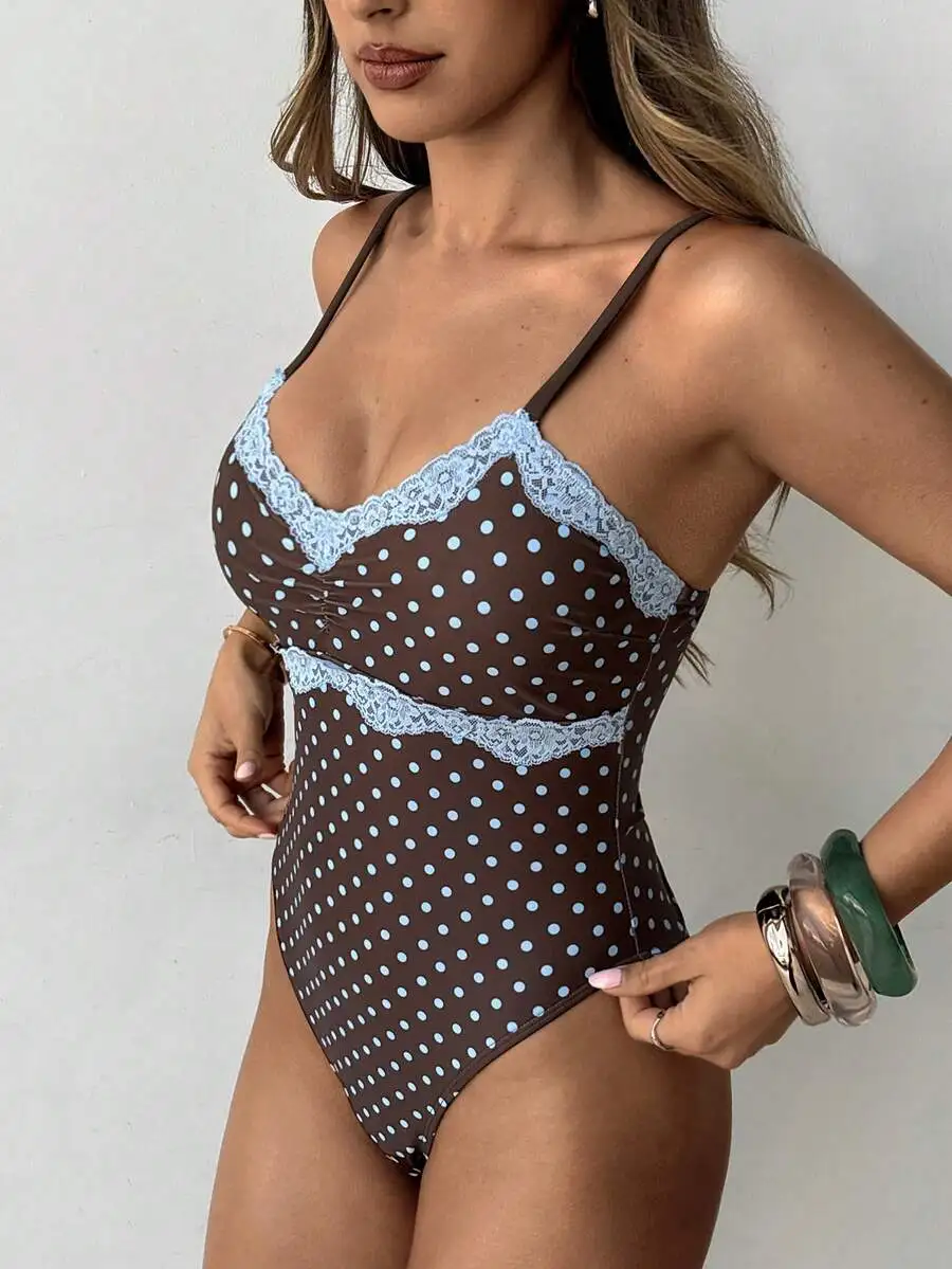 Womens Polka Dot One-Piece Swimsuit With Lace Trim Spaghetti Strap Retro Style
Womens Polka Dot One-Piece Swimsuit With Lace Trim Spaghetti Strap Retro Style