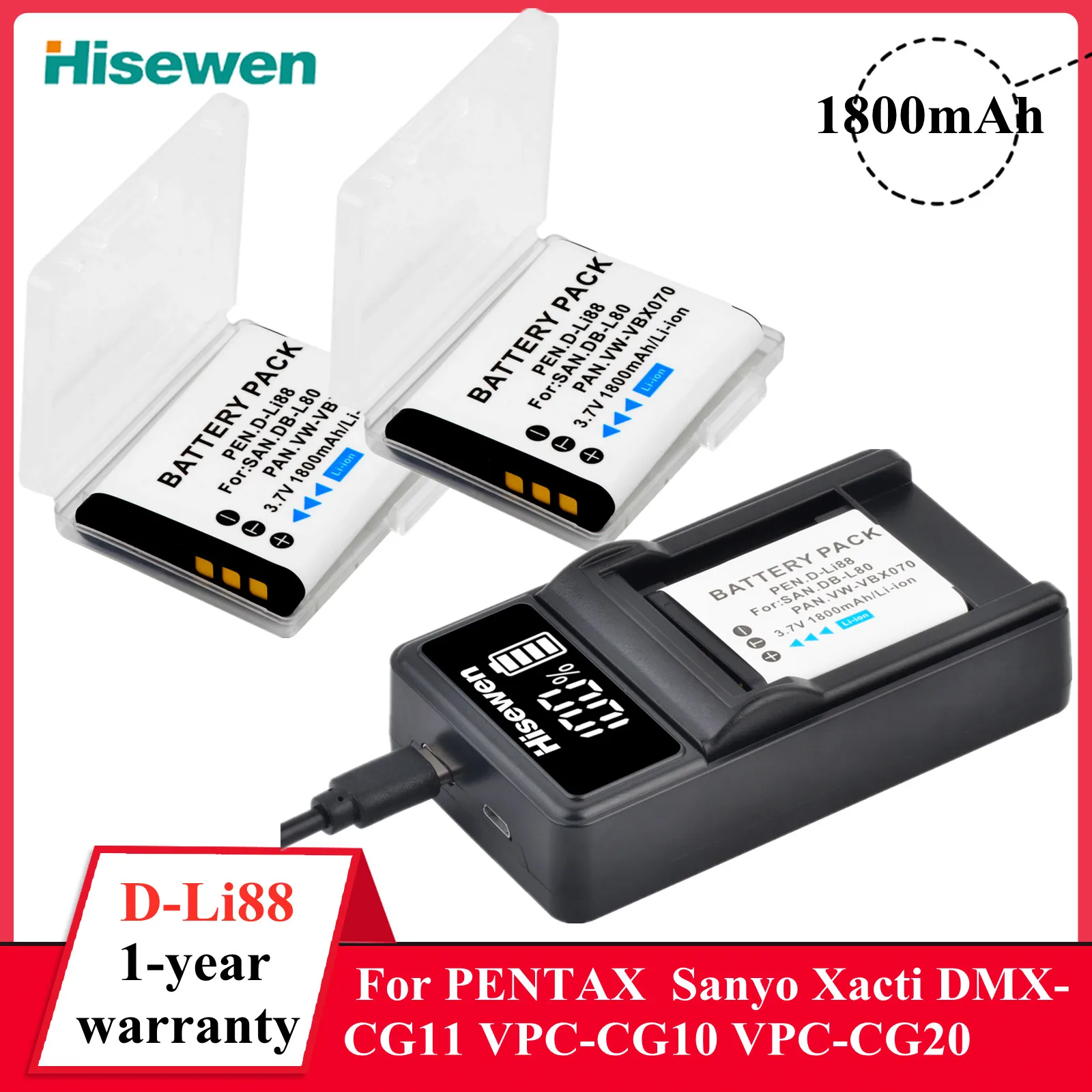 1800mAh D-LI88 DLI88 DBL80 Battery and Charger for Sanyo Xacti DMX-CG11 VPC-CG10 VPC-CG102 VPC-CG20 VPC-CS1 VPC-GH2 P70 VPC-CG88
1800mAh D-LI88 DLI88 DBL80 Battery and Charger for Sanyo Xacti DMX-CG11 VPC-CG10 VPC-CG102 VPC-CG20 VPC-CS1 VPC-GH2 P70 VPC-CG88