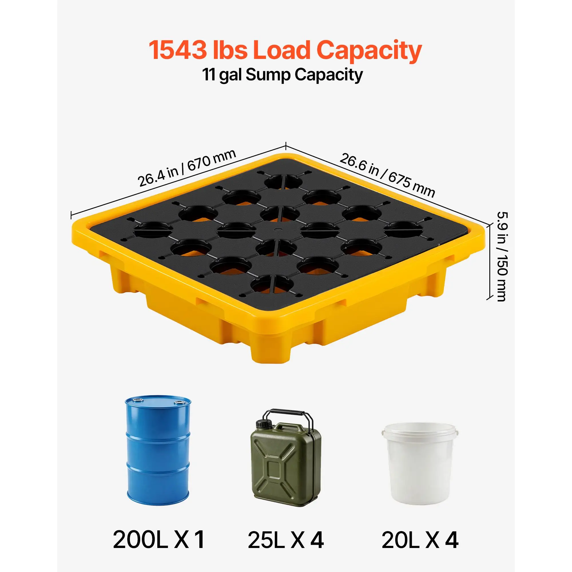 Spill Containment Pallet, 1 Drum Low Profile Spill Containment Modular Platform, 11.4 Gallon Sump, 1543 lbs Load Capacity, Heavy-Duty Polyethylene Tray with Drain, 26.4" x 26.6" x 5.9", Yellow
Spill Containment Pallet, 1 Drum Low Profile Spill Containment Modular Platform, 11.4 Gallon Sump, 1543 lbs Load Capacity, Heavy-Duty Polyethylene Tray with Drain, 26.4" x 26.6" x 5.9", Yellow