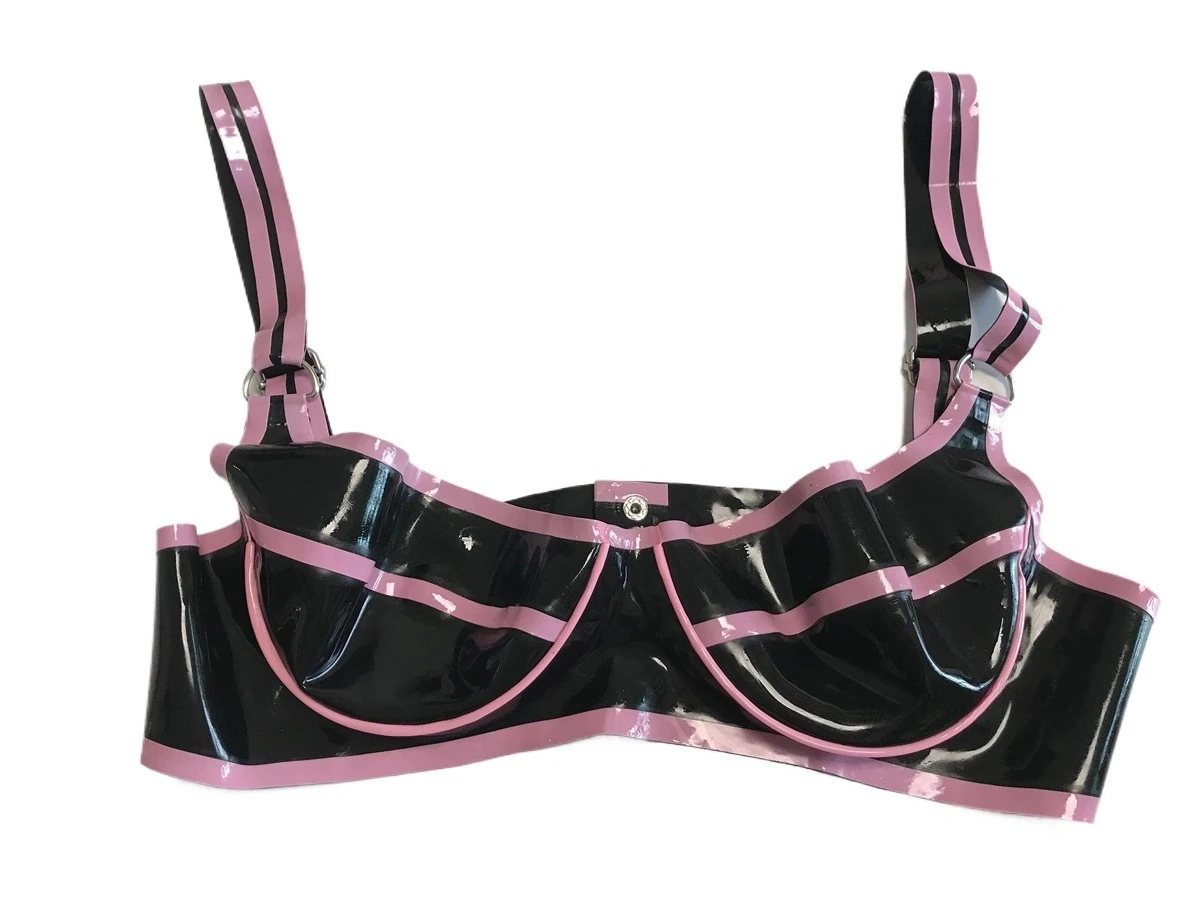 Rubber Underwire Bralette Black Latex Cup Bra with Pink Edge Trim Metal O‑Ring Strap Buckles
Rubber Underwire Bralette Black Latex Cup Bra with Pink Edge Trim Metal O‑Ring Strap Buckles