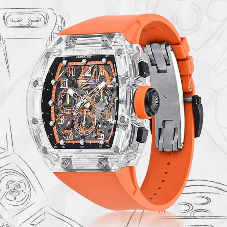 CRONUSART Men Chronograph Watch Tonneau Mechanical Wristwatch Sapphire Case & Mirror Luminous FKM Strap Skeleton Dial
CRONUSART Men Chronograph Watch Tonneau Mechanical Wristwatch Sapphire Case & Mirror Luminous FKM Strap Skeleton Dial